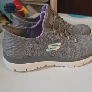 Skechers Gray Knit Slip-On Sneakers with Purple Lining